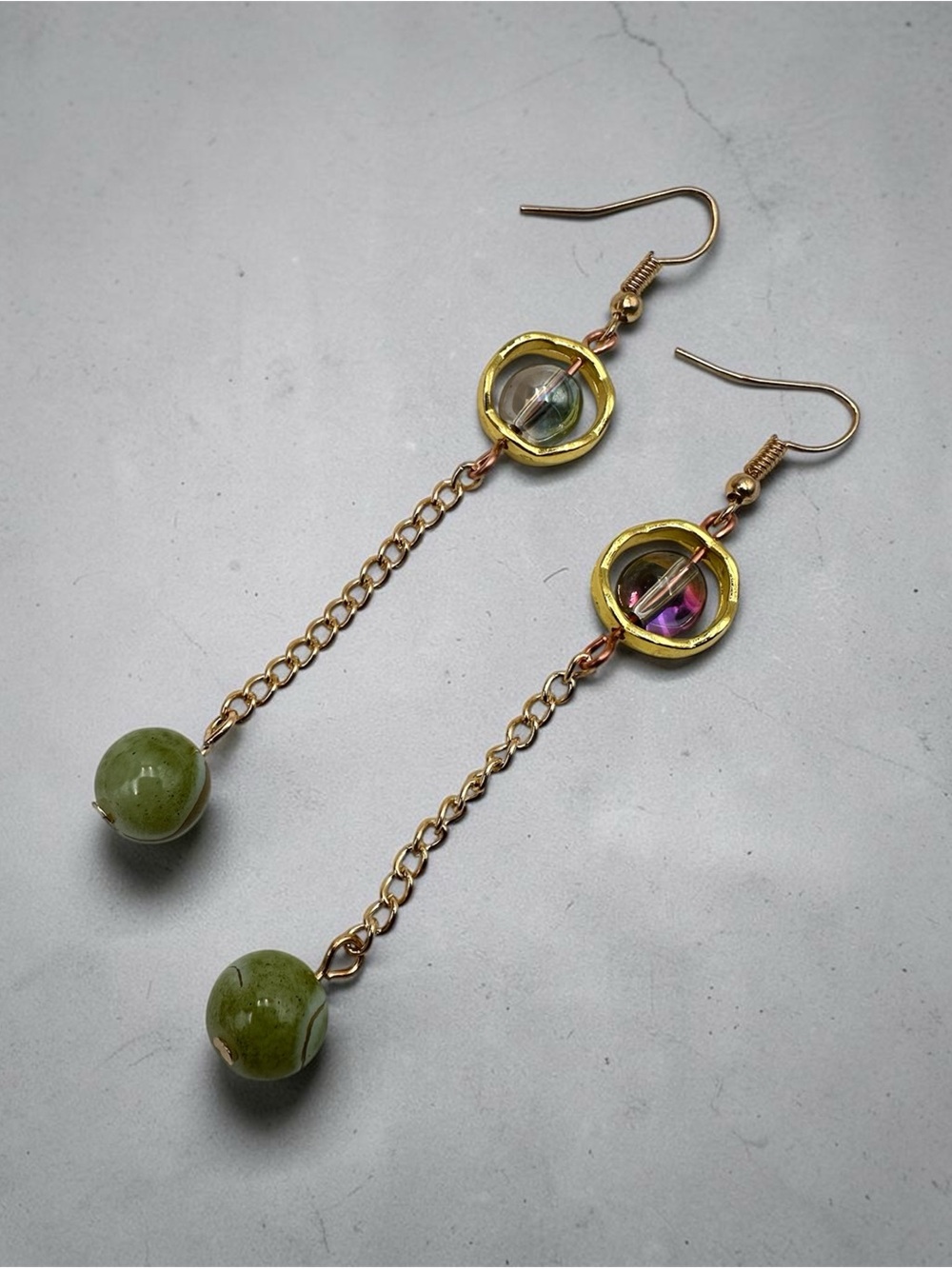 Green Beaded Long Dangle Earrings Gold Tone Chain Handmade Boho Jewelry